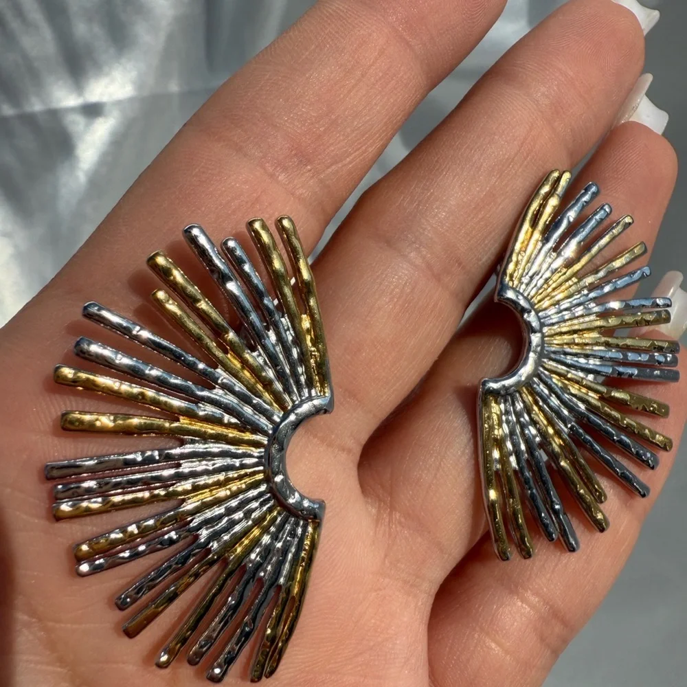 Sun Gold Stainless Steel Silver Sunburst Earrings